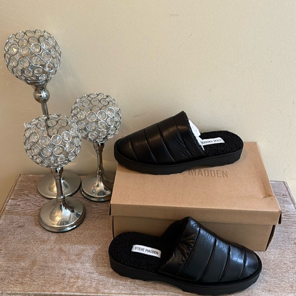 Steve Madden Chex Quilted Puffer Slide- Black - Size 9- NIB